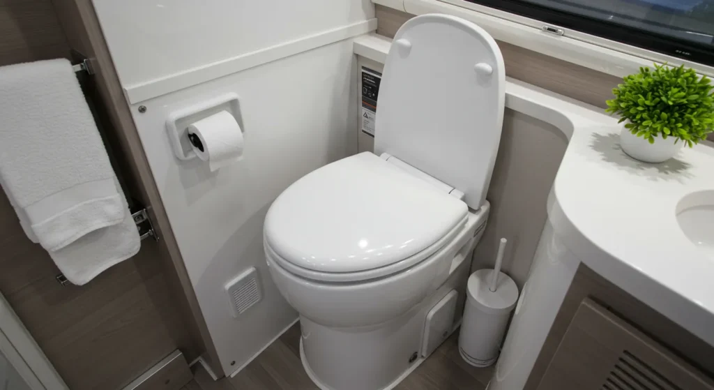 High-end porcelain RV toilet with bidet controls. Clean, minimalist bathroom design, fresh towels, and a small plant on the counter