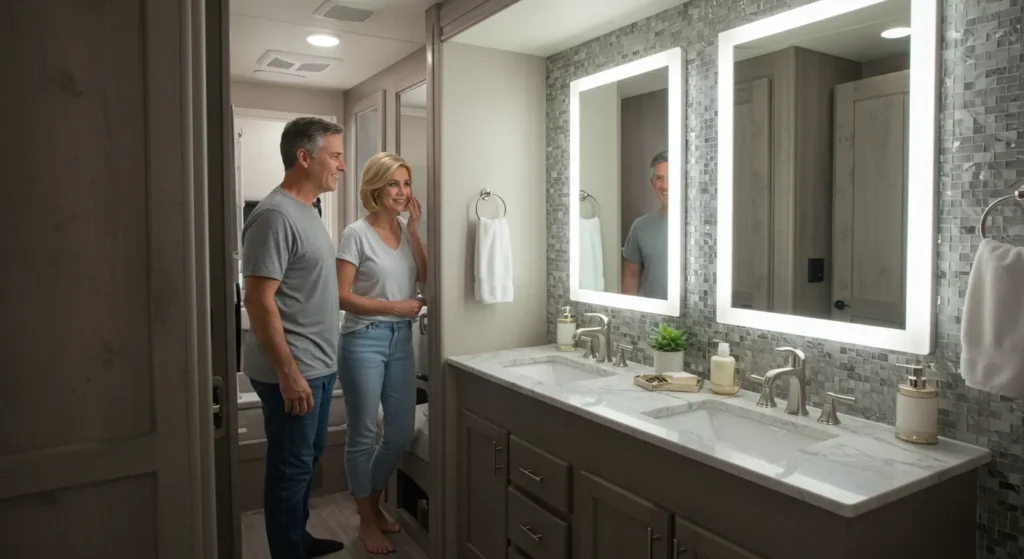 24. Dual Sink Vanity with Backlit Mirrors