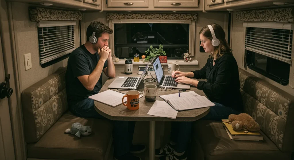 A man and woman working at a tiny RV dining booth cluttered with laptops, coffee mugs, papers, and pet toys; one looks distracted, the other wears headphones; cozy but claustrophobic vibe.