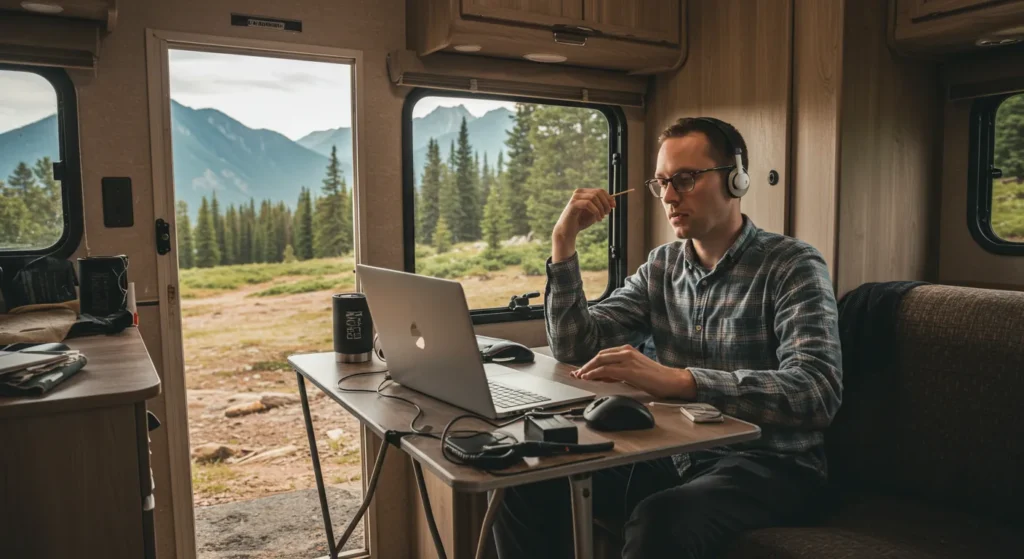 A top-down view of an RV workstation with a laptop displaying a financial spreadsheet, receipts, fuel bills, and a calculator next to a coffee mug; overlay text: “RV Life Isn’t Always Cheaper.”