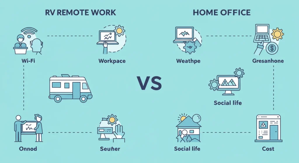 Clean and minimalist infographic comparing "RV Remote Work vs. Home Office" in a split-screen format with icons (Wi-Fi, workspace, weather, social life, cost); use soft blue and green tones with bold section headers.