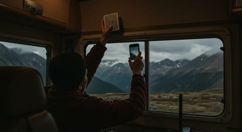 A person inside an RV raising their phone or Wi-Fi router in the air, looking frustrated, trying to catch a signal in a mountain area; cloudy weather outside the RV window; dim lighting for mood.