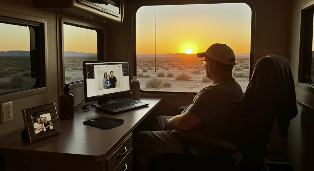 A lone remote worker sitting at an RV desk at sunset, looking out at the desert horizon with no other people in sight; a digital photo frame of family is visible on the desk.
