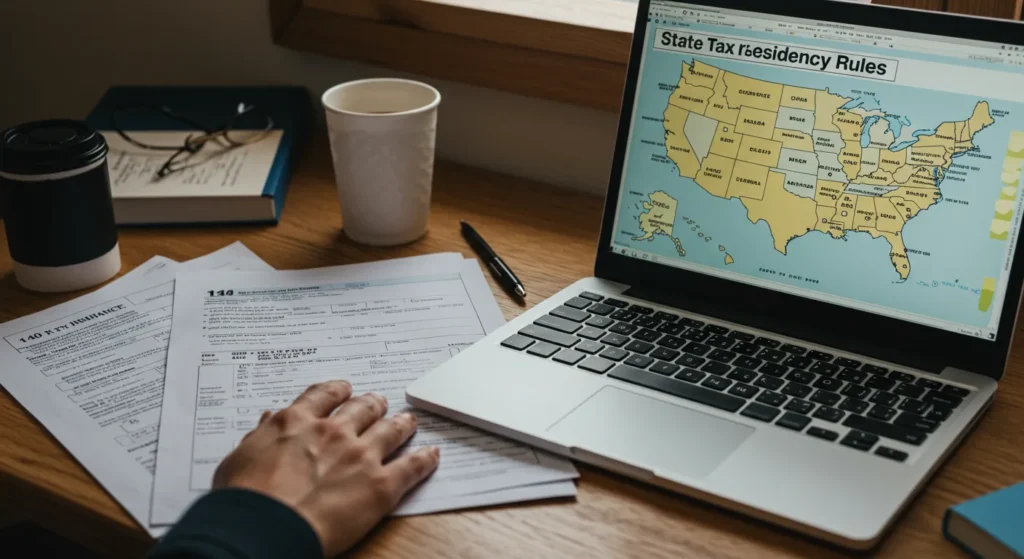 A cluttered RV desk with printed tax documents, insurance forms, a laptop showing “State Tax Residency Rules,” and a map of the U.S. marked with different states; serious, documentary style.