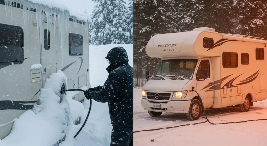 An RV parked in heavy snow with icicles on the edges and a person bundled up, trying to reconnect a frozen power cable; contrast this with a heatwave image: RV in direct sun, power cords overheating.