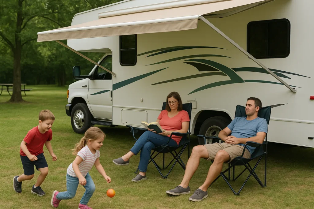 Family relaxing on camp chairs under an awning, RV parked beside, kids playing, someone reading — a full rest day at the campground
