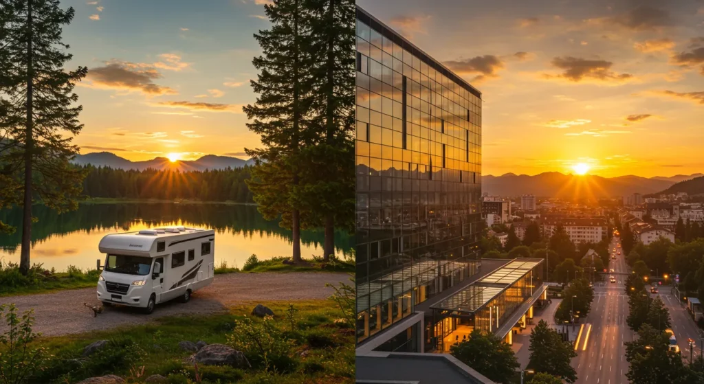 RV parked under the stars in a national park, surrounded by trees and mountains, contrasted with a high-rise hotel view of city buildings