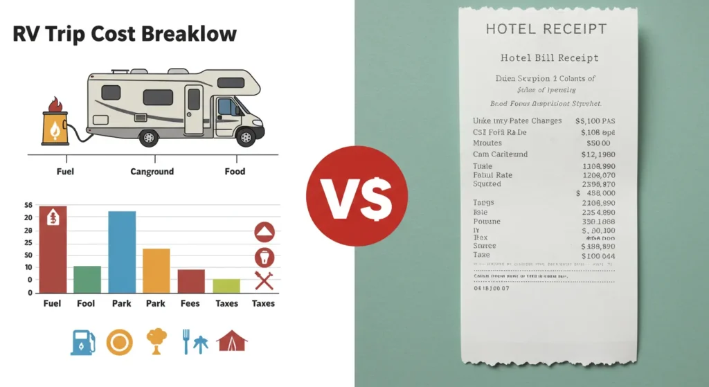 RV trip cost breakdown chart with icons (fuel, food, park fees) vs. hotel bill receipt with nightly rate, room service, and taxes highlighted