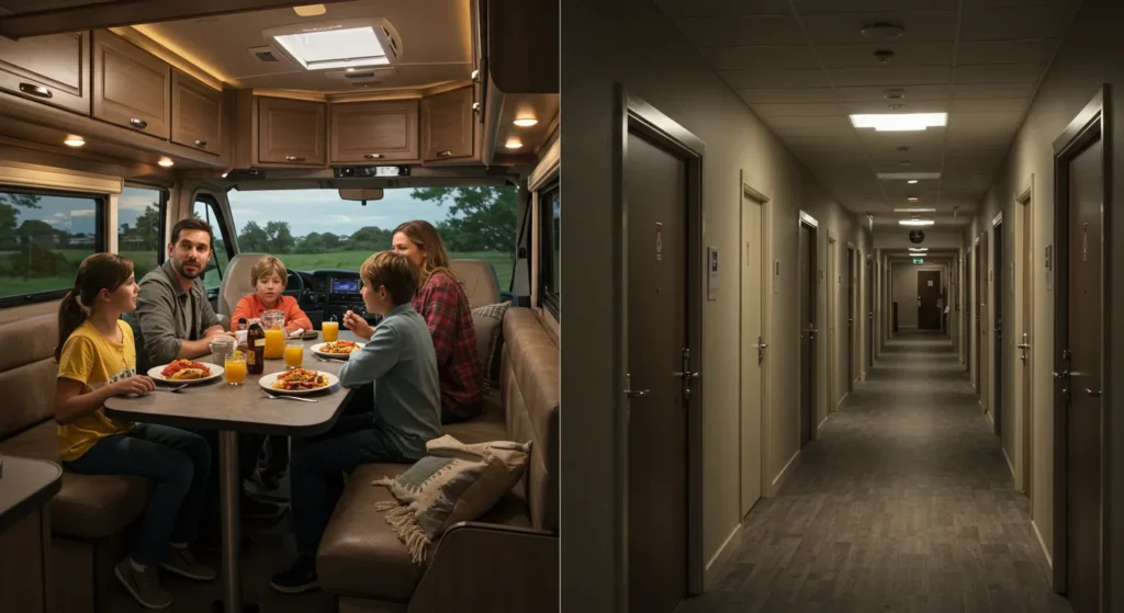 RV interior with family enjoying dinner alone, contrasted with a hotel hallway showing multiple room doors and shared space, realistic lifestyle imagery