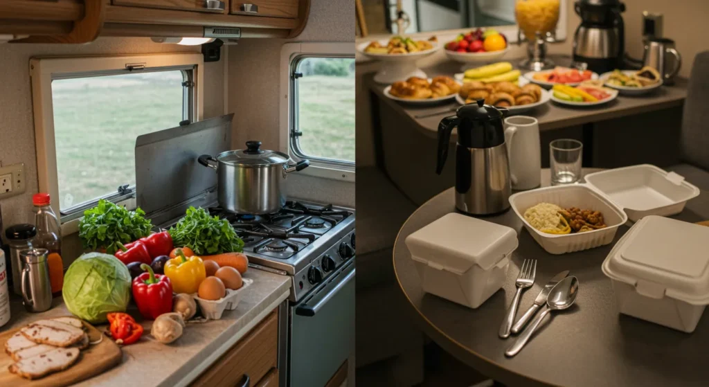 RV kitchen interior with fresh ingredients and a stove in use vs. hotel room with takeout food or hotel breakfast buffet setup.