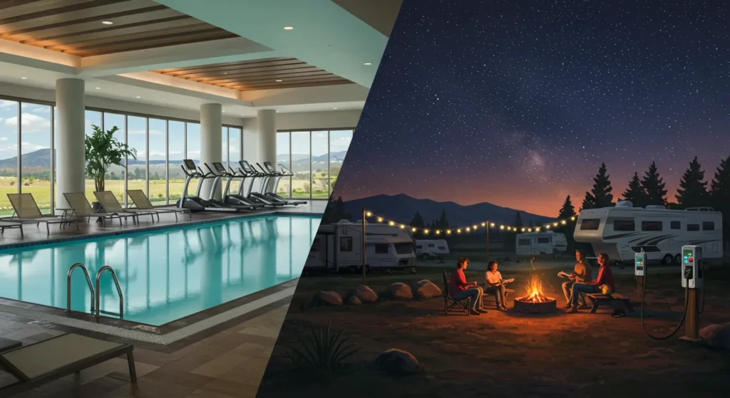 Luxury hotel amenities: spa, gym, swimming pool vs. RV park with essential amenities: plug-in station, picnic tables, fire pit under stars.”