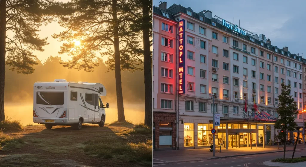 RV parked beside a lake in a forest with sunrise, and side-by-side a photo of a city hotel building with bright signage, both representing travel stay options.”