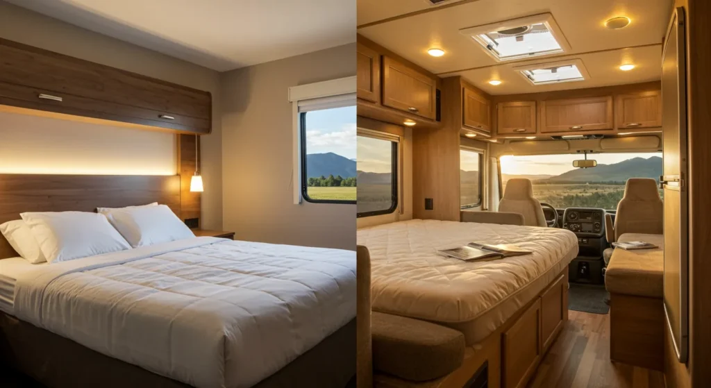 Hotel bed with plush white bedding and ambient lighting vs. cozy RV sleeping space with a window view of nature and warm lighting