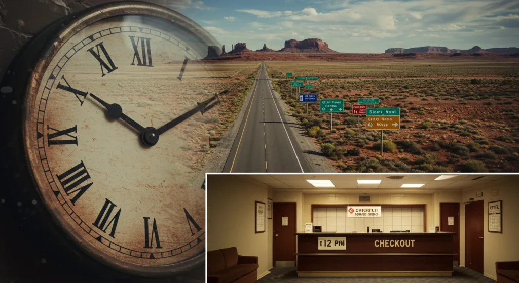 Clock and road imagery representing freedom in RV schedule, open road with multiple route signs, contrasted with hotel check-in desk and 12 PM checkout notice.