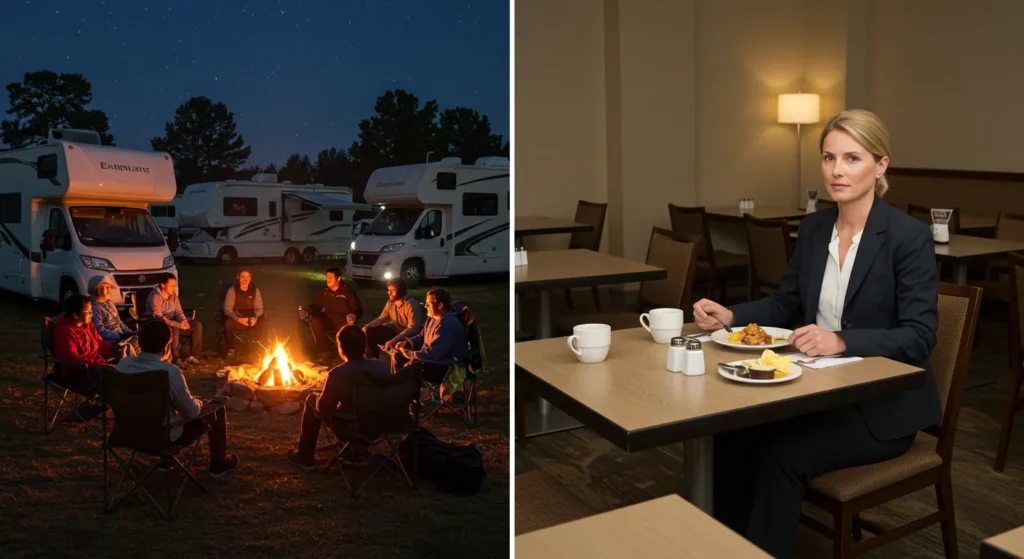 Campground scene with RV travelers sharing a bonfire and chatting vs. solo hotel guest at breakfast alone in a formal setting.”