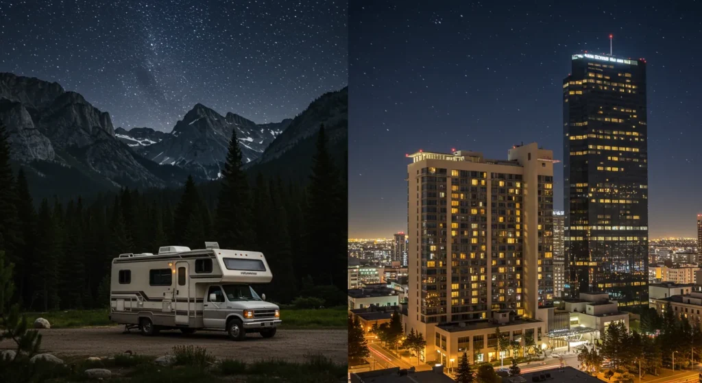 Scenic side-by-side comparison of a modern RV parked in nature vs. a luxury hotel in a cityscape at sunset, split composition, high quality, travel lifestyle concept