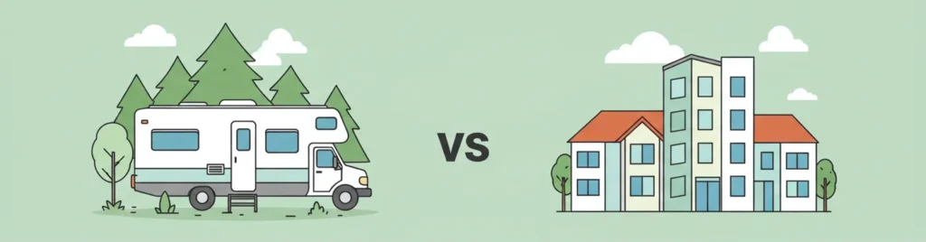 Infographic comparing monthly costs of RV living vs city apartment—visual breakdown of rent, utilities, groceries. Minimalist style in soft blues and greens