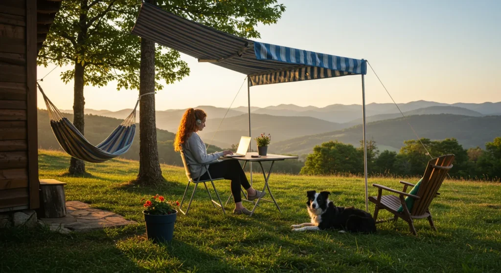 Remote worker typing on a laptop under an awning with a mountain view. Hammock nearby, dog lying next to chair