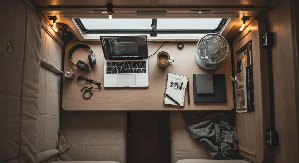 RV workspace setup: laptop, noise-canceling headphones, small fan, coffee mug, soft lighting. Organized and cozy, shot from above
