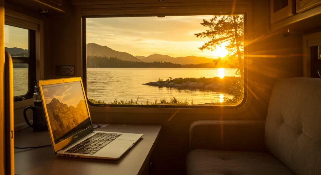 Wide-angle shot of laptop open on a desk with a national park view in the background. Forest or lake scene outside RV window, golden hour lighting,