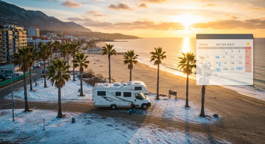 RV parked near a palm-lined beach in winter, sunshine overhead. Calendar with weather icons. Designed for visual comparison