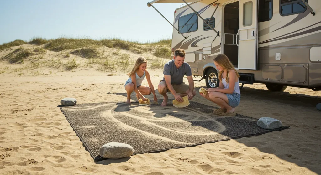 A large textured outdoor mat placed outside an RV door at a sunny beach. Sand collects on the mat’s surface as a family wipes their feet. Rug edges weighted with decorative stones, dunes in the background