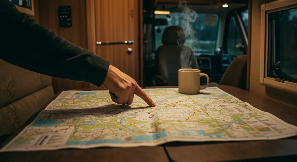 A map app screenshot or someone pointing at a physical road map with a coffee mug beside them inside an RV