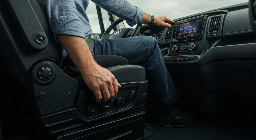 Close-up of a driver using a lumbar support cushion and properly adjusted RV seat controls
