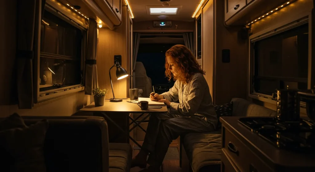 A cozy RV interior at night with warm lighting, blackout curtains, and someone journaling before bed