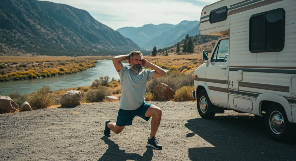 Traveler doing stretches (like shoulder rolls or lunges) outside an RV parked at a scenic rest stop
