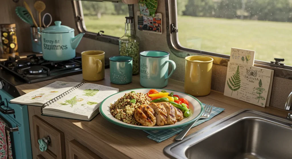 A colorful RV kitchen setup with a plate of grilled chicken, quinoa, and veggies beside a travel journal
