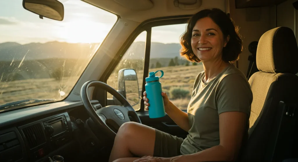 Person holding a reusable water bottle near the RV driver's seat with a scenic outdoor view in the background
