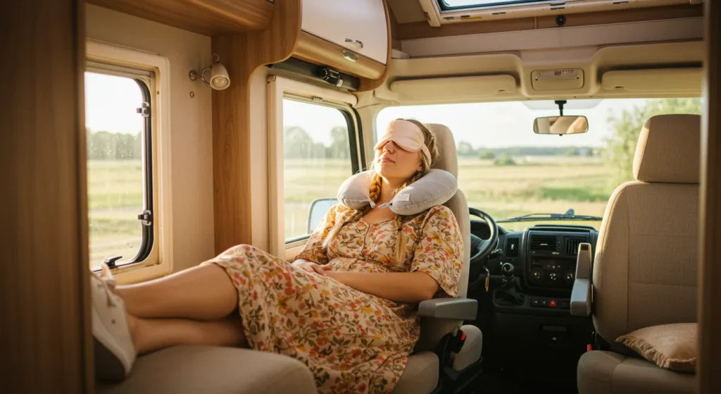 Person relaxing in the passenger seat with a sleep mask and neck pillow in a sunny RV interior