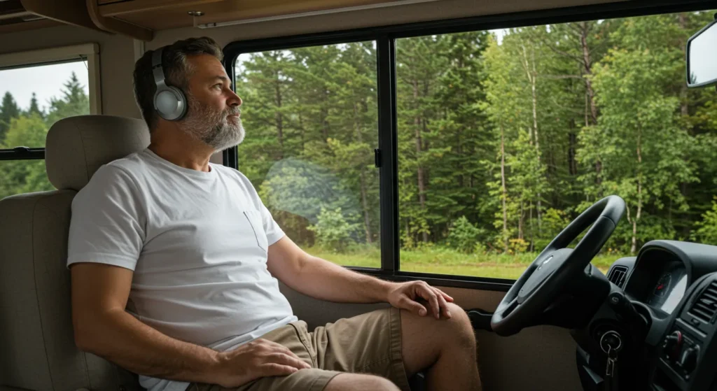 Passenger listening to a podcast with headphones while looking out the RV window at a forest