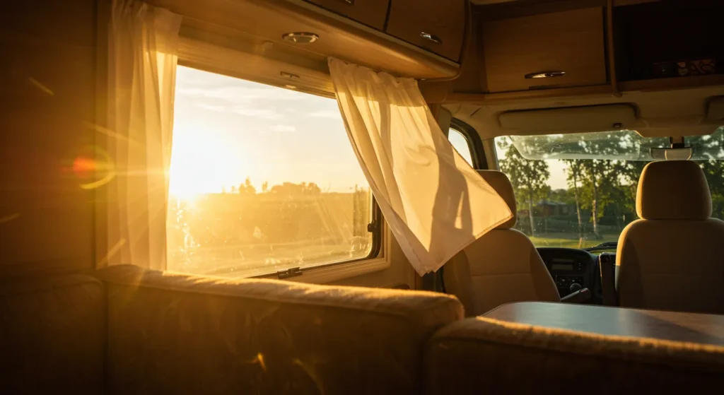 Sunlight streaming into an open-windowed RV with curtains gently blowing