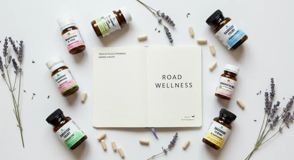 Flat lay of travel-size supplement bottles like magnesium or vitamin B-complex next to a notebook titled “Road Wellness”
