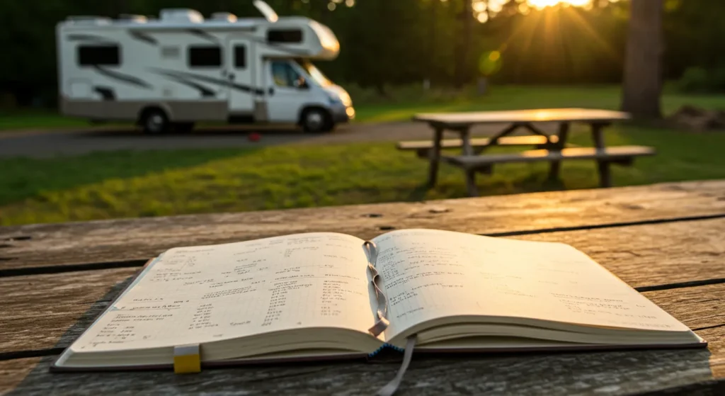 A travel journal open on a picnic table with energy level trackers, meal logs, and sleep entries, with the RV in the background