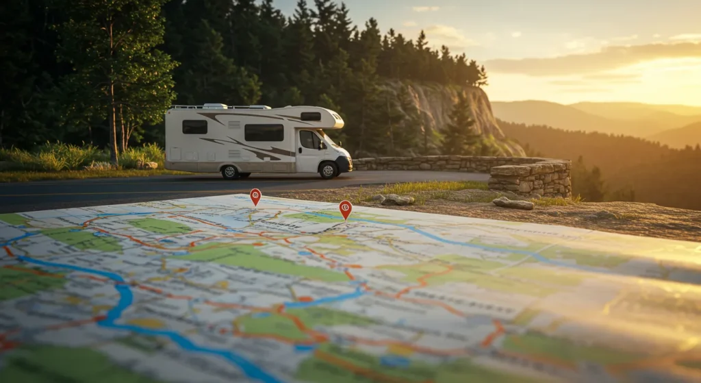 A road map with marked rest stops, RV parked near a scenic overlook, sun setting in the background — concept of slow and mindful RV travel