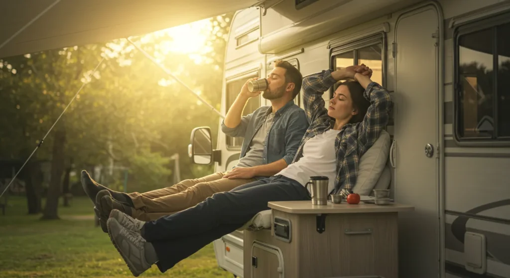 A tired couple resting in an RV at a scenic campground, one sipping coffee and another stretching, morning light entering through the windows — cozy travel fatigue vibe