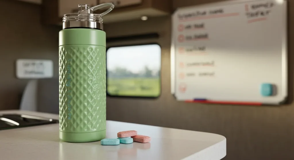 Close-up of a reusable water bottle and electrolyte tablets on an RV kitchen counter with a checklist on a whiteboard in the background — hydration setup.”
