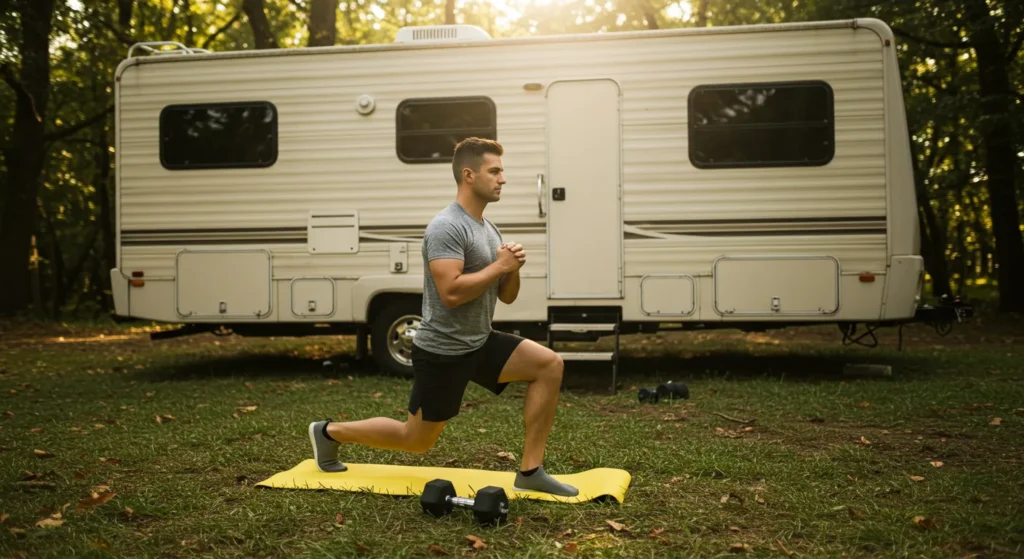 Man doing lunges next to an RV parked in nature, yoga mat rolled out, dumbbells by the step — RV fitness lifestyle visual.”