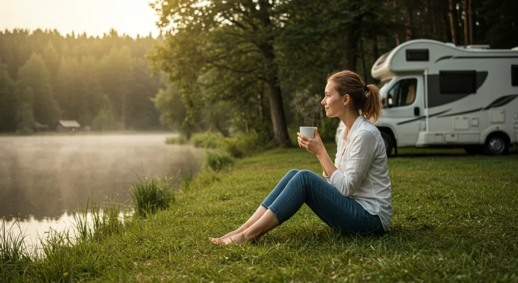 Woman enjoying coffee by a lake near an RV with forest background, barefoot on the grass, looking relaxed and peaceful — early morning nature feel