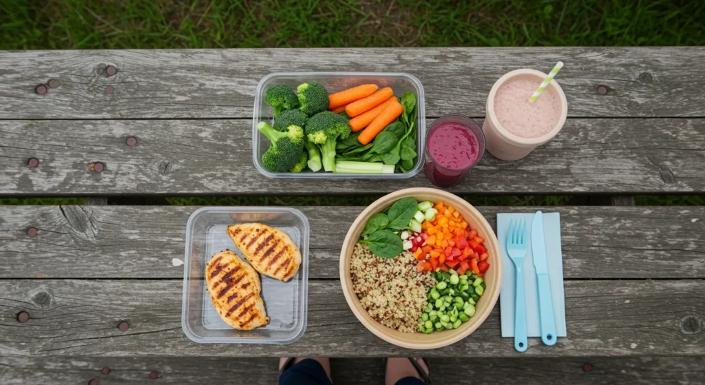 Healthy RV meal setup on a picnic table — grilled chicken, quinoa bowl, fresh veggies, and a smoothie — shot from above, daylight, natural setting