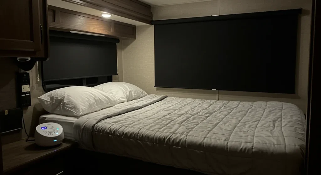 Inside view of an RV bedroom setup at night with blackout shades, white noise machine, and cozy bedding — peaceful and dark sleep-friendly scene